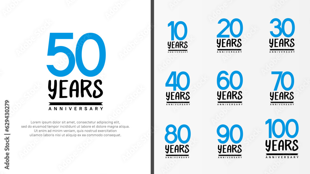 set of anniversary logo flat blue color number and black on white background for celebration