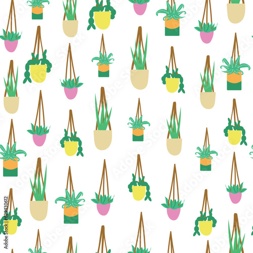 White hanging indoor plants in flowerpots seamless vector background. Indoor plants, and aloe vera vector pattern