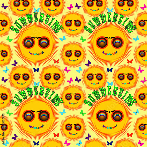 Vector seamless sun pattern - sun in sunglasses with lettering - Summertime. Sun with butterflies on a light yellow background. Rainbow glasses. For bags print, linen, textile, paper packing, baby clo