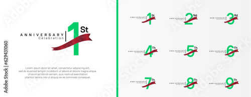 set of anniversary logo flat green color number and red ribbon on white background for celebration