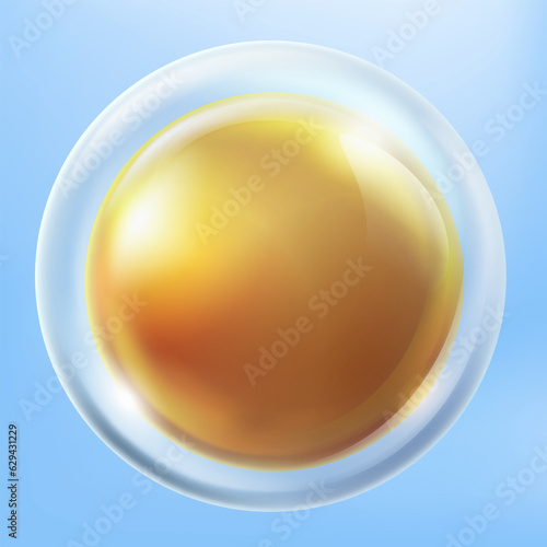 Transparent round glass button inside an orange gel or molecule. isolated on a blue background. 3d vector illustration.