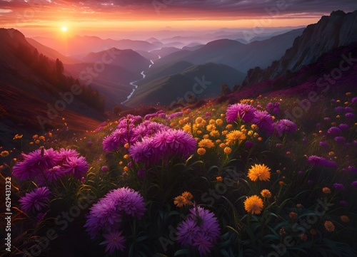 sunrise in the mountains with beautiful flowers