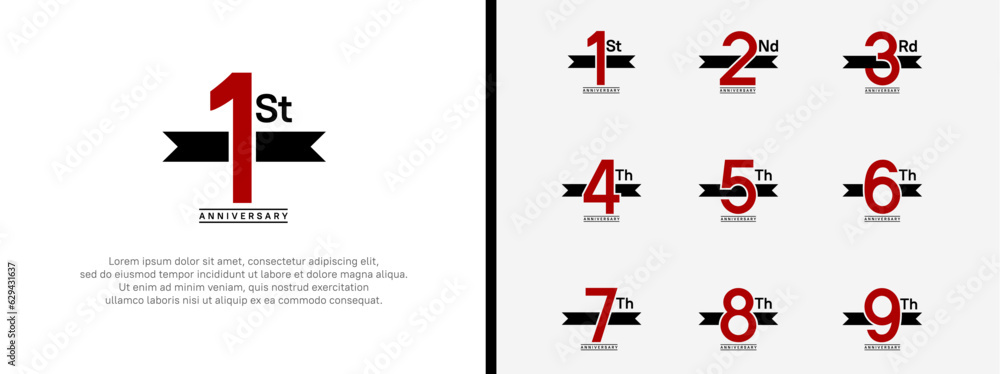 set of anniversary logo flat red color number and black ribbon on white background for celebration