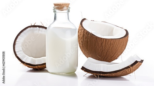 coconut milk and coconut on white background