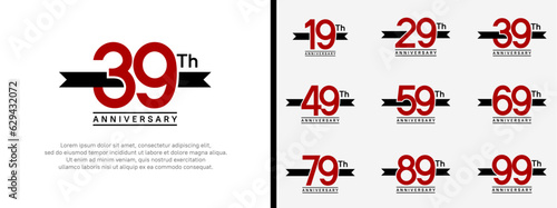 set of anniversary logo flat red color number and black ribbon on white background for celebration