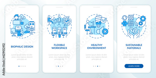 2D blue thin line icons representing sustainable office mobile app screen set. 4 steps graphic instructions, UI, UX, GUI template.