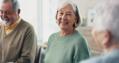 Tea, elderly or friends laughing in retirement talking for support for bonding together in nursing home. Coffee drink, old people or funny mature man with happy senior women for friendship to relax