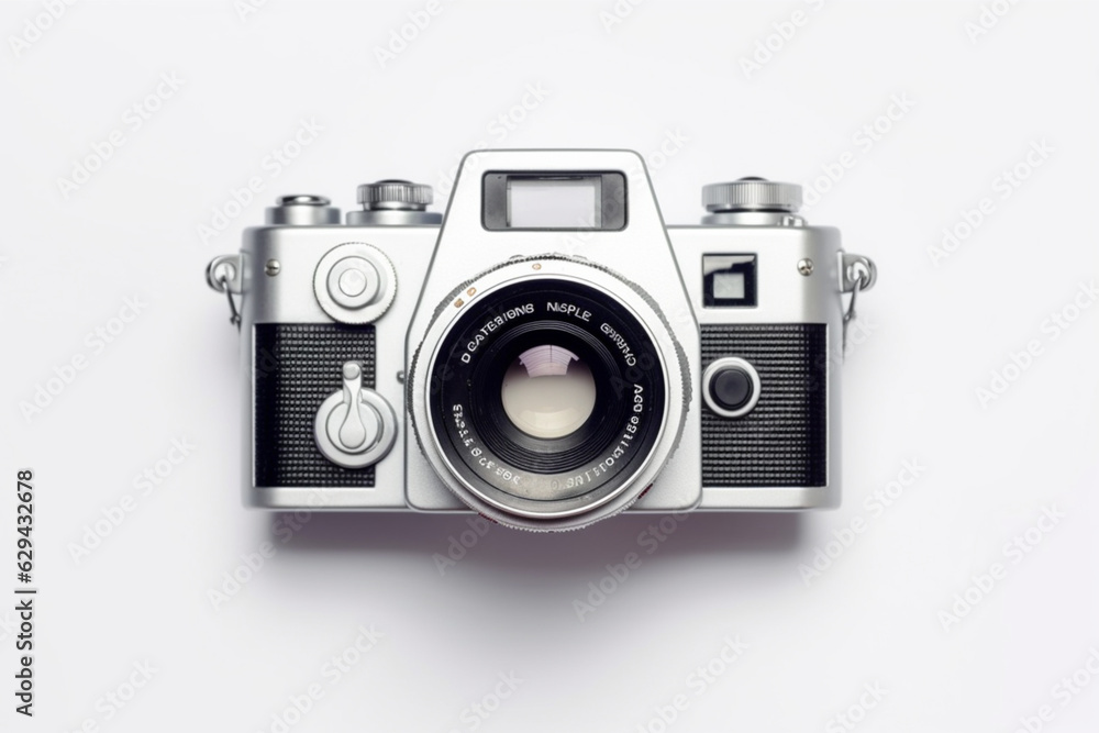 Retro camera on a grey background. Black and white photo.