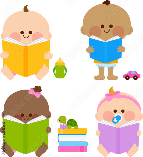 Happy babies reading books. Vector illustration