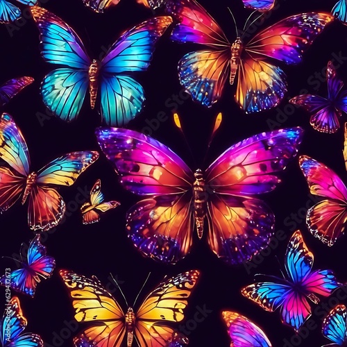 Beautiful glowing multicolored butterfly on dark abstract background. (AI generated ) © PixelPursuit
