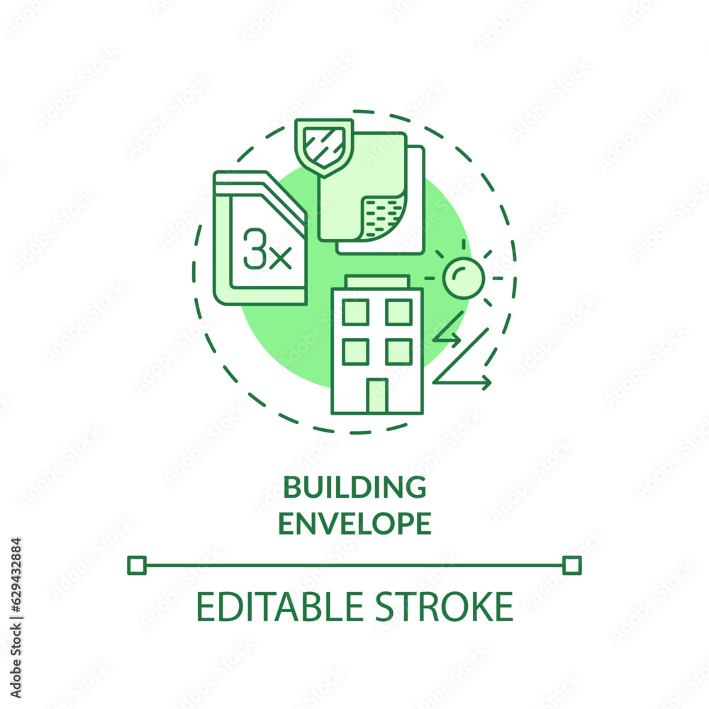 Editable building envelope green icon concept, isolated vector, sustainable office thin line illustration.