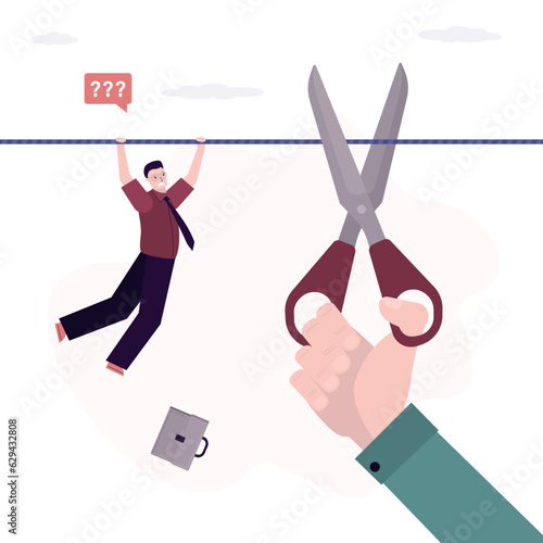 Hand of businessman uses scissors and cutting rope with hanging employee. Betrayal fake friend, envy colleague or partner. Dismissal, layoff of office worker man. Staff reduction.