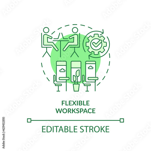 Editable flexible workspace green icon concept, isolated vector, sustainable office thin line illustration.