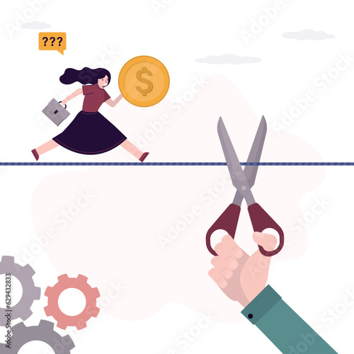 Hand of businessman or boss uses scissors and cutting rope with running female employee. Betrayal fake friend, envy colleague or partner. Dismissal, layoff of office worker.