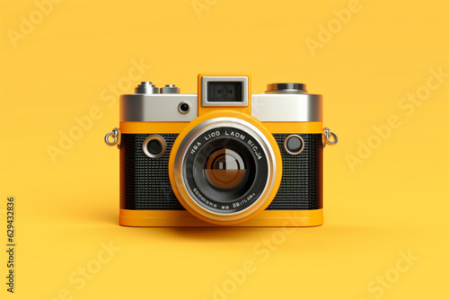 Retro camera isolated on yellow background. 3d illustration. Top view.