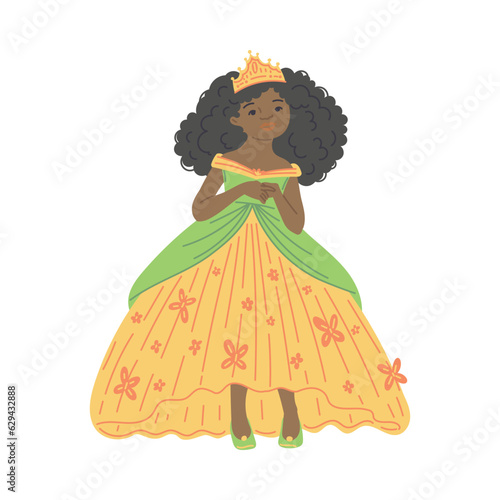 African princess in lush dress with crown, luxuriant fairy with curly dark hair, vector multi ethnic princess collection