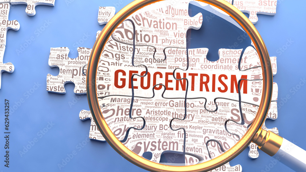 Fototapeta premium Geocentrism being closely examined along with multiple vital concepts and ideas directly related to Geocentrism. Many parts of a puzzle forming one, connected whole.,3d illustration