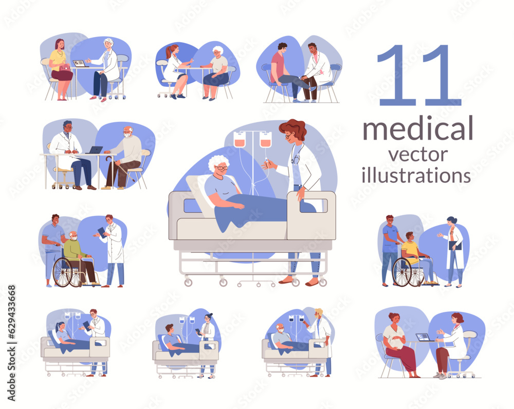 Set of situations for narrow medical professionals and patients. Doctors, nurses. Examination and diagnosis, consultation and treatment. Vector character flat cartoon illustration.