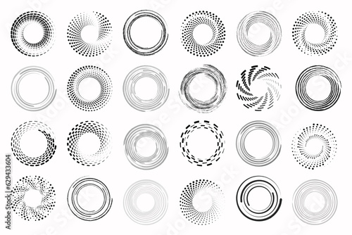 Set of black thick halftone dotted speed lines. Speed lines in circle form. Geometric art. Design element for frame, logo, tattoo, web pages, prints, posters, template, abstract vector background