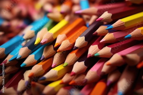 Close up macro shot of color pencil pile pencil nibs Design Copy Space Supplies Top View Flat Lay. Concept Back To School.	