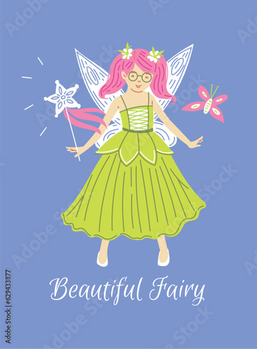 Pretty princess in green dress with flowers in pink hair, vector fairy with wings and magic wand, multi ethnic princess