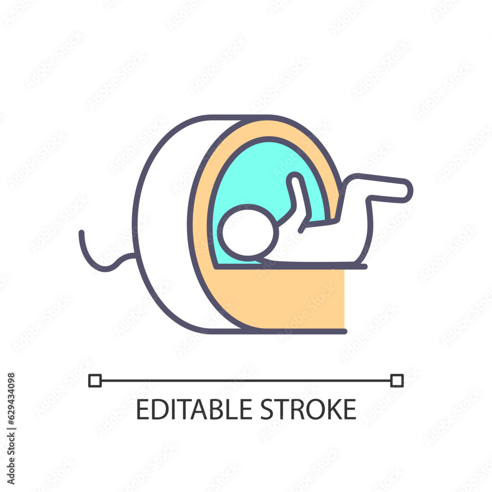 Obraz premium Mri scan RGB color icon. Pediatric patient. Magnetic resonance imaging. Medical technology. Healthcare center. X ray. Isolated vector illustration. Simple filled line drawing. Editable stroke