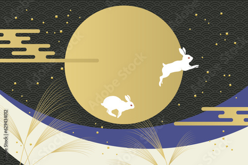 十五夜 中秋の名月 お月見イメージの背景イラスト素材 ベクター 秋 跳ねる白うさぎ
