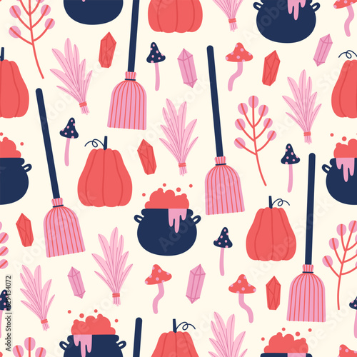 Cute witch tools seamless pattern. Magic concept