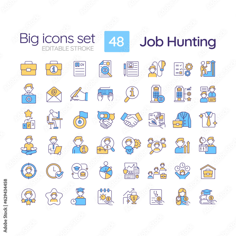 Job hunting RGB color icons set. Employment agency. Recruitment process. Human resources. Job search. Isolated vector illustrations. Simple filled line drawings collection. Editable stroke Job hunting RGB color icons set. Employment agency. Recruitment process. Human resources. Job search. Isolated vector illustrations. Simple filled line drawings collection. Editable stroke
