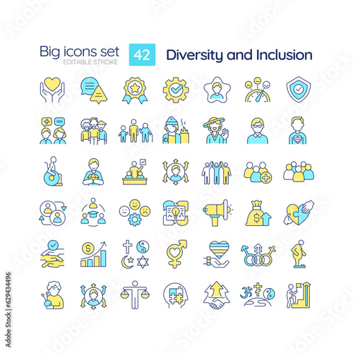 Diversity and inclusion RGB color icons set. Equal opportunity. Unconscious bias. Social justice. Isolated vector illustrations. Simple filled line drawings collection. Editable stroke