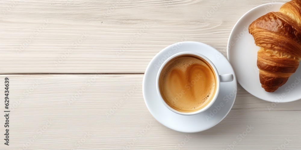 Obraz premium a cup of coffee and a croissant on a white wooden table, created by Generative AI