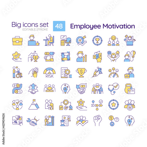 Employee motivation RGB color icons set. Job satisfaction. Positive attitude. Career development. Isolated vector illustrations. Simple filled line drawings collection. Editable stroke
