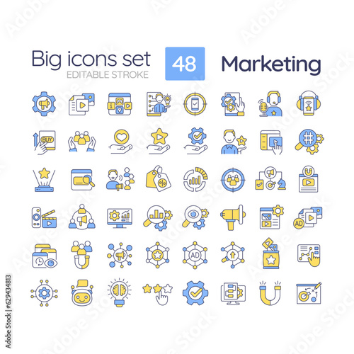 Marketing RGB color icons set. Business strategy. Brand development. Advertising campaign. Profit growth. Isolated vector illustrations. Simple filled line drawings collection. Editable stroke