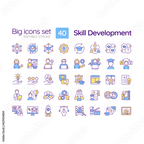 Skill development RGB color icons set. Professional growth. Training program. Learning opportunity. Isolated vector illustrations. Simple filled line drawings collection. Editable stroke