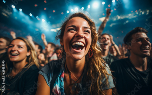 Girl smiles surrounded by the crowd during a concert