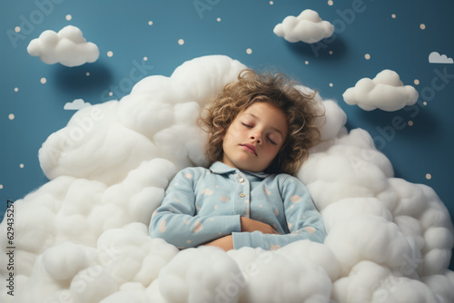 Kid sleeps on a cloud like in the bed