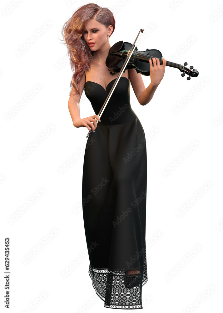 3D Woman in black dress play violin 3D Woman in black dress play violin
