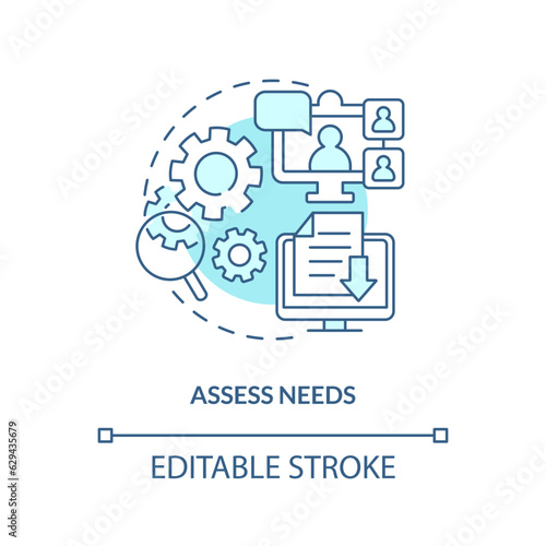 2D editable assess needs thin line blue icon concept, isolated vector, monochromatic illustration representing knowledge management.