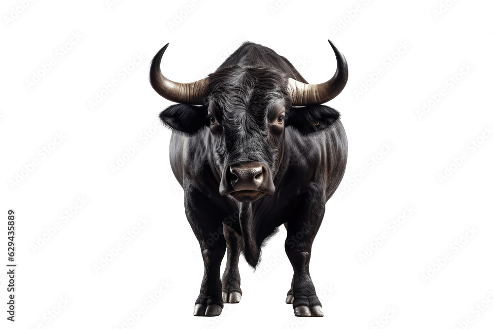 Naklejka premium Strongest dark brown bull with muscles and long horns portrait looking at camera isolated on clear png background, Animals Fighter concept, with Generative Ai.