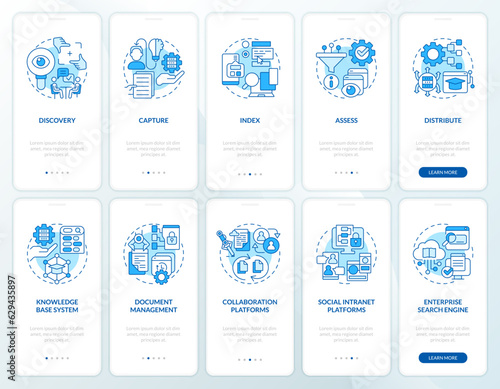2D icons representing knowledge management mobile app screen set. Walkthrough 5 steps blue graphic instructions with thin line icons concept, UI, UX, GUI template.