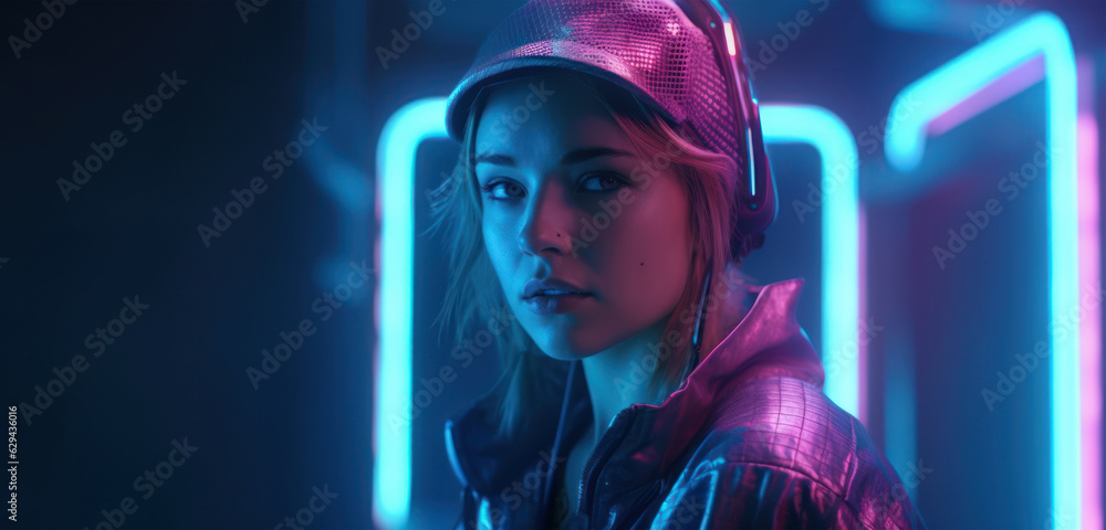 Beutiful futuristic woman illuminated with blue and pink studio light. Cyberpunk portrait style. Generative ai Beutiful futuristic woman illuminated with blue and pink studio light. Cyberpunk portrait style. Generative ai