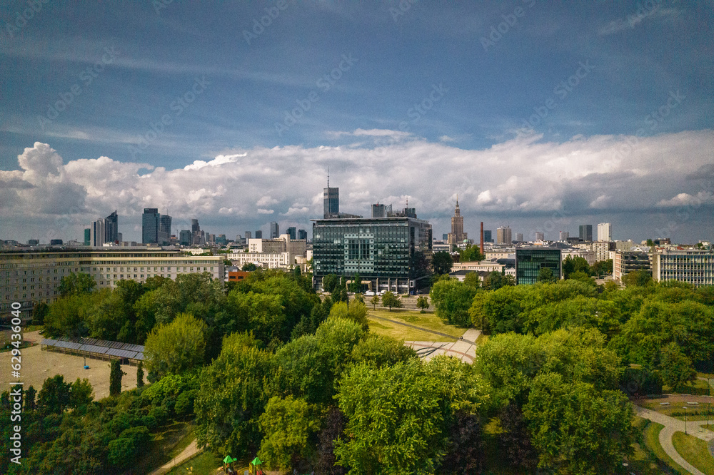 Drone, Warsaw, bird eye, bird view, pole mokotowskie, summer, green, sky