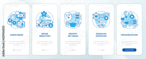 2D linear icons representing knowledge management mobile app screen set. 5 steps graphic instructions, UI, UX, GUI template.