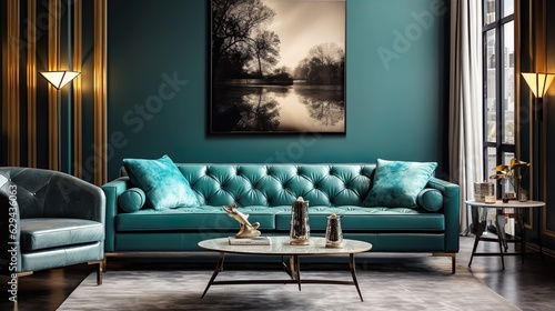 the finest golden turquoise living room interior. Generative AI