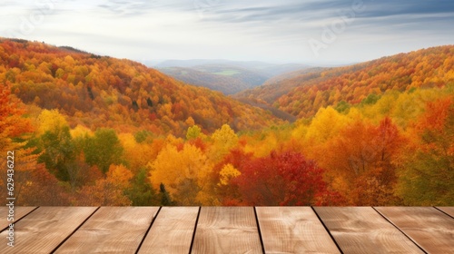 The autumn nature skyline creates an exuberant image on the empty wooden table top.  Generative AI 