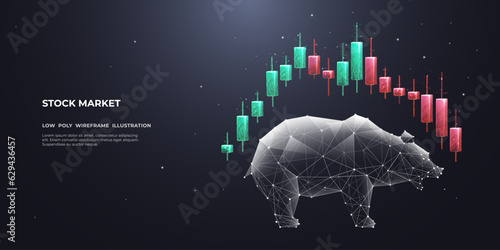 Abstract colored Japanese candlesticks and digital bear. Stock market exchange or financial technology concept. Low poly wireframe vector illustration. Polygonal bear with futuristic elements.