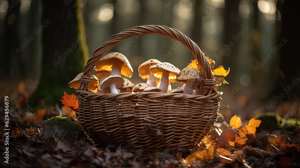 close up Autumn foliage basket in forest, mushrooms grow in basket, glitter glow light in fantasy fairytale atmosphere, Generative Ai close up Autumn foliage basket in forest, mushrooms grow in basket, glitter glow light in fantasy fairytale atmosphere, Generative Ai