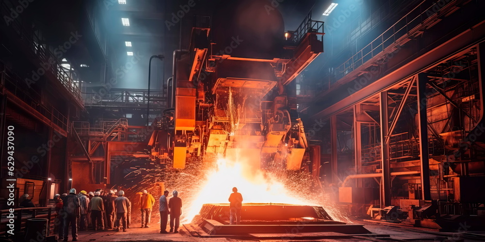 A massive steel mill with towering furnaces and sparks flying as raw materials are transformed into beams and plates for construction projects. Generative AI - obrazy, fototapety, plakaty 