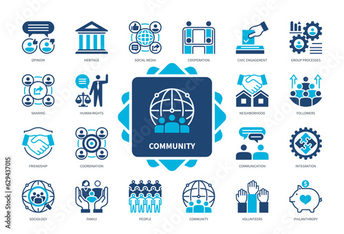 Community icon set. Support, Society, Social Media, Teamwork, Communication, Human Rights, Opinion, Neighbourhood. Duotone color solid icons photo