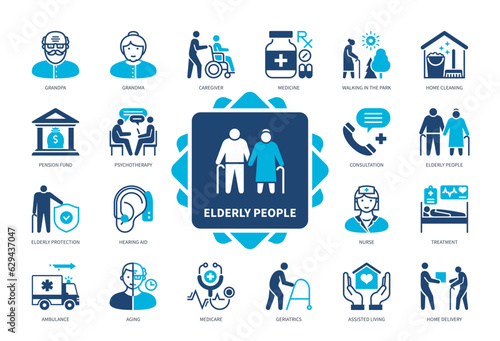 Elderly People icon set. Park Walking, Hearing Aid, Assisted Living, Medicare, Nurse, Pension Fund. Duotone color solid icons